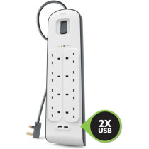 Belkin 8 Way/8 Plug Surge Protection Strip With 2 Meters Cord Length, Heavy Duty Electrical Extension Socket x 2.4 A Shared USB Ports