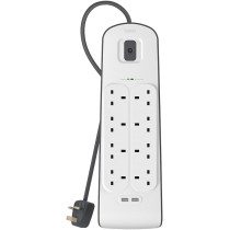 Belkin 8 Way/8 Plug Surge Protection Strip With 2 Meters Cord Length, Heavy Duty Electrical Extension Socket x 2.4 A Shared USB Ports