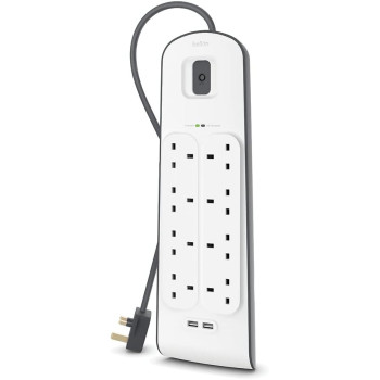 Belkin 8 Way/8 Plug Surge Protection Strip With 2 Meters Cord Length, Heavy Duty Electrical Extension Socket x 2.4 A Shared USB Ports