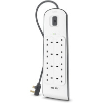 Belkin 8 Way/8 Plug Surge Protection Strip With 2 Meters Cord Length, Heavy Duty Electrical Extension Socket x 2.4 A Shared USB Ports