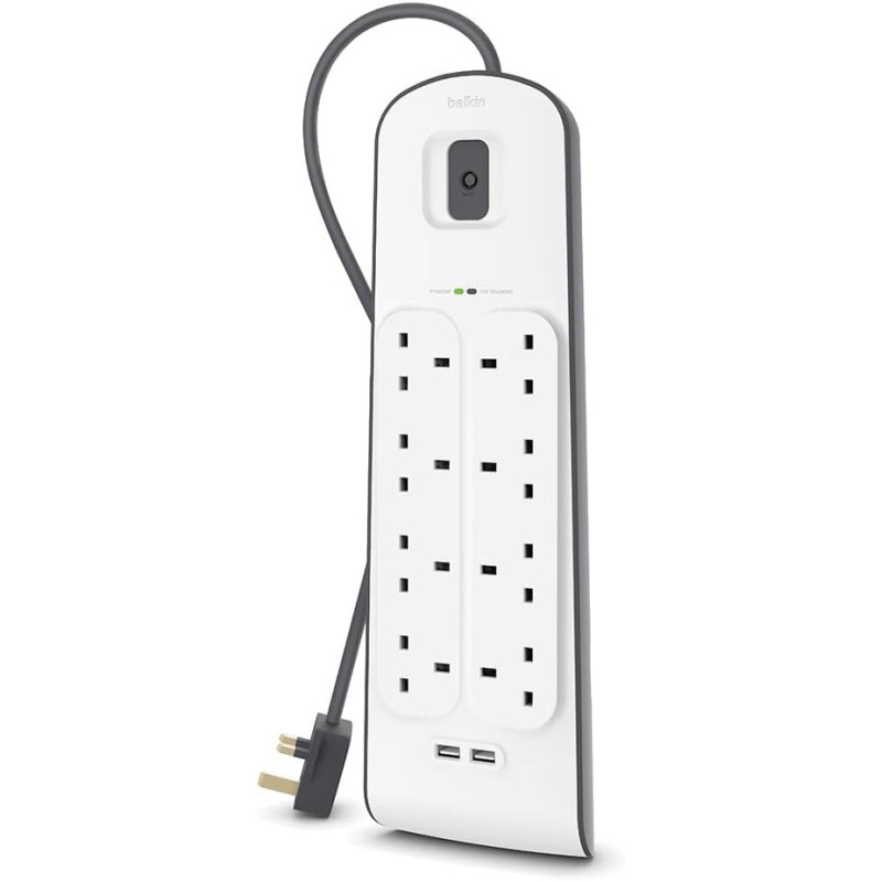 Belkin 8 Way/8 Plug Surge Protection Strip With 2 Meters Cord Length, Heavy Duty Electrical Extension Socket x 2.4 A Shared USB Ports