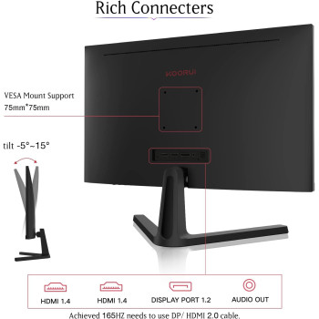 KOORUI 24 Inch, Computer Monitor, FHD 1080P Gaming Monitor 165Hz VA 1ms, AdaptiveSync Technology, Ultra-Thin LED Monitor, HDMI X2 / DP, VESA Compatible, Tilt Adjustable, Eye Care - 24E4, Black