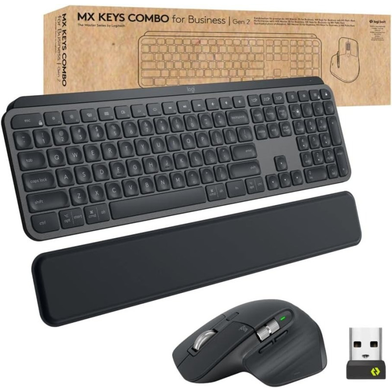 Logitech MX Keys Combo for Business Gen 2, Full Size Wireless Keyboard And Wireless Mouse, With Keyboard Palm Rest, Bluetooth, Logi Bolt, Quiet Clicks, Windows/Mac/Chrome/Linux, Graphite