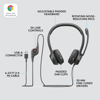 Logitech H390 Wired Headset For PC/Laptop, Stereo Headphones With Noise Cancelling Microphone, USB-A, In-Line Controls, Works With Chromebook, Black