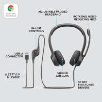 Logitech H390 Wired Headset For PC/Laptop, Stereo Headphones With Noise Cancelling Microphone, USB-A, In-Line Controls, Works With Chromebook, Black