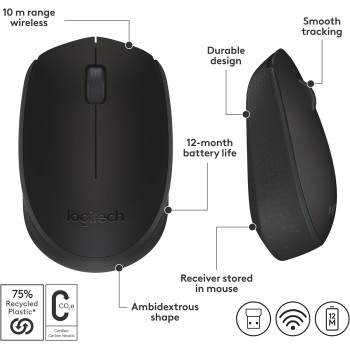 Logitech M171 Wireless Mouse For PC, Mac, Laptop, 2.4 GHz, Optical Tracking, Ambidextrous, Black