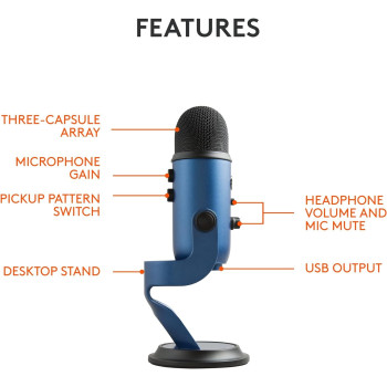 Blue Yeti USB Microphone for PC, Mac, Gaming, Recording, Streaming, Podcasting, Studio and Computer Condenser Mic With VOICE Effects, 4 Pickup Patterns, Plug Play, Midnight