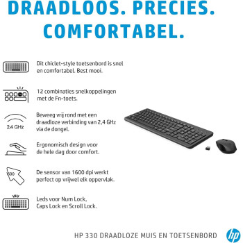 HP 330 Wireless Black Keyboard And Mouse Set With Numeric Keypad, 2.4GHz Wireless Connection And 1600 DPI, USB Receiver, LED Indicators, Black(2V9E6AA)