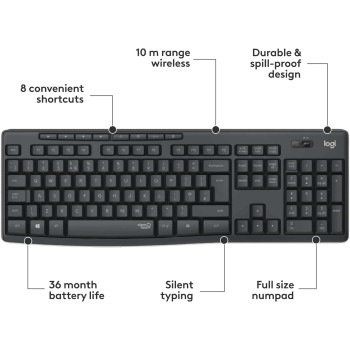 Logitech MK295 Silent Wireless Mouse And Keyboard Combo With Silent Touch Technology, Full Numpad, Advanced Optical Tracking, Lag-Free Wireless, 90 Percentage Less Noise, AR Keyboard, Graphite