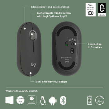 Logitech Pebble Mouse 2 M350s Slim Bluetooth Wireless Mouse, Portable, Customisable Button, Quiet Clicks, 4K DPI, Easy-Switch For Windows, macOS, iPadOS, Android, Chrome OS, Graphite