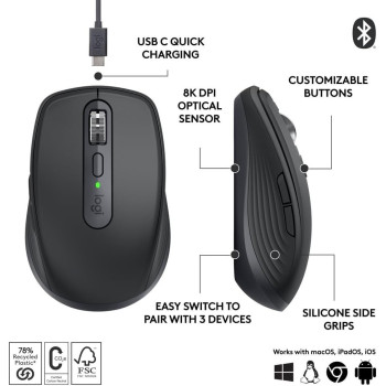 Logitech MX Anywhere 3S Compact Wireless Mouse, Fast Scrolling, 8K DPI Any-Surface Tracking, Quiet Clicks, Programmable Buttons, USB C, Bluetooth, Windows PC, Linux, Chrome, Mac, Graphite