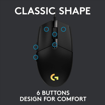 Logitech G Logitech G203 Wired Gaming Mouse, 8,000 Dpi, Rainbow Optical Effect Lightsync Rgb, 6 Programmable Buttons, On-Board Memory, Screen Mapping, Pc/Mac Computer And Laptop Compatible, Black