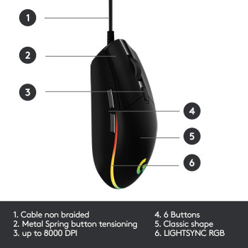 Logitech G Logitech G203 Wired Gaming Mouse, 8,000 Dpi, Rainbow Optical Effect Lightsync Rgb, 6 Programmable Buttons, On-Board Memory, Screen Mapping, Pc/Mac Computer And Laptop Compatible, Black