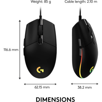 Logitech G Logitech G203 Wired Gaming Mouse, 8,000 Dpi, Rainbow Optical Effect Lightsync Rgb, 6 Programmable Buttons, On-Board Memory, Screen Mapping, Pc/Mac Computer And Laptop Compatible, Black