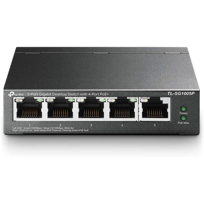 TP-Link 5 Port Gigabit PoE Switch, 4 PoE Ports @56W, Desktop, Plug And Play, Sturdy Metal w/Shielded Ports, Fanless, Limited Lifetime Protection, Traffic Optimization, Unmanaged (TL-SG1005P)