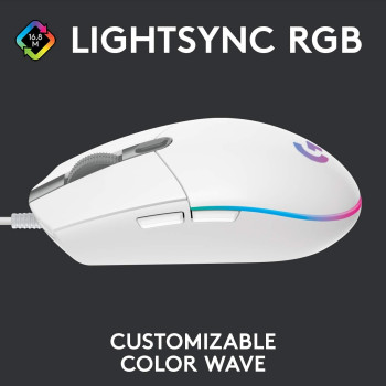 Logitech G Logitech G203 Wired Gaming Mouse, 8,000 DPI, Rainbow Optical Effect LIGHTSYNC RGB, 6 Programmable Buttons, On-Board Memory, Screen Mapping, PC/Mac Computer and Laptop Compatible, White