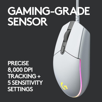 Logitech G Logitech G203 Wired Gaming Mouse, 8,000 DPI, Rainbow Optical Effect LIGHTSYNC RGB, 6 Programmable Buttons, On-Board Memory, Screen Mapping, PC/Mac Computer and Laptop Compatible, White