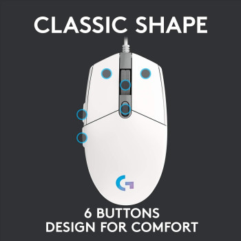 Logitech G Logitech G203 Wired Gaming Mouse, 8,000 DPI, Rainbow Optical Effect LIGHTSYNC RGB, 6 Programmable Buttons, On-Board Memory, Screen Mapping, PC/Mac Computer and Laptop Compatible, White