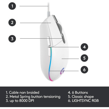 Logitech G Logitech G203 Wired Gaming Mouse, 8,000 DPI, Rainbow Optical Effect LIGHTSYNC RGB, 6 Programmable Buttons, On-Board Memory, Screen Mapping, PC/Mac Computer and Laptop Compatible, White