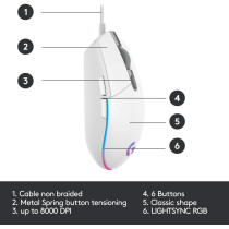 Logitech G Logitech G203 Wired Gaming Mouse, 8,000 DPI, Rainbow Optical Effect LIGHTSYNC RGB, 6 Programmable Buttons, On-Board Memory, Screen Mapping, PC/Mac Computer and Laptop Compatible, White