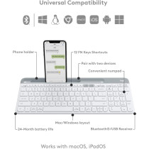 Logitech K580 Slim Multi-Device Wireless Keyboard, Bluetooth/Receiver, Compact, Easy Switch, Win/Mac, Desktop, Tablet,Smartphone, Laptop Compatible, English Arabic Keyboard, White