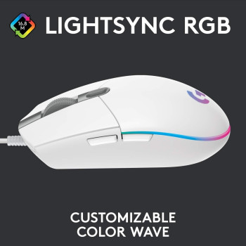 Logitech G203 2nd Gen Wired Gaming Mouse, 8,000 DPI, Rainbow Optical Effect LIGHTSYNC RGB, 6 Programmable Buttons, On-Board Memory, Screen Mapping, PC/Mac Computer And Laptop Compatible, White