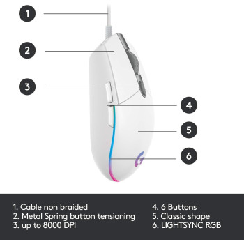 Logitech G203 2nd Gen Wired Gaming Mouse, 8,000 DPI, Rainbow Optical Effect LIGHTSYNC RGB, 6 Programmable Buttons, On-Board Memory, Screen Mapping, PC/Mac Computer And Laptop Compatible, White