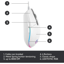 Logitech G203 2nd Gen Wired Gaming Mouse, 8,000 DPI, Rainbow Optical Effect LIGHTSYNC RGB, 6 Programmable Buttons, On-Board Memory, Screen Mapping, PC/Mac Computer And Laptop Compatible, White