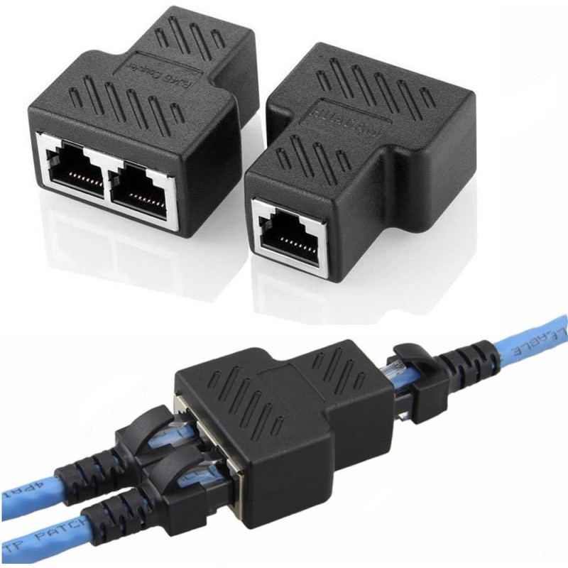 Wuedozue RJ45 Splitter Connector Adapter, USB To RJ45 Port Dual Female 1 to 2 8P8C Ethernet Plug LAN Network Socket Adapter For Cat5, Cat5e, Cat6, Cat7, Black
