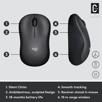 Logitech M220 Wireless Mouse, Silent Buttons, 2.4 Ghz With Usb Mini Receiver, 1000 Dpi Optical Tracking, Ambidextrous Pc / Mac / Laptop, Charcoal Grey, One Size