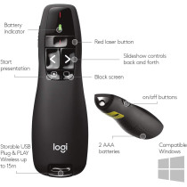 Logitech R400 Wireless Presentation Remote 2.4 GHz USB-Receiver Red Laser Pointer 15-Meter Operating Range 6 Buttons Intuitive Slideshow Control Battery Indicator PC