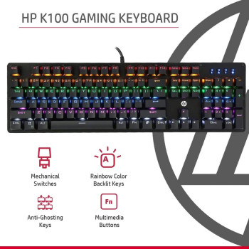 HP GK100 Wired Full Size RGM Backlit Mechanical Gaming Keyboard, 4 LED Indicators, Mechanical Switches,Double Injection Key Caps, And Window Key Lock, (1D763AA)