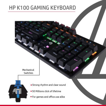 HP GK100 Wired Full Size RGM Backlit Mechanical Gaming Keyboard, 4 LED Indicators, Mechanical Switches,Double Injection Key Caps, And Window Key Lock, (1D763AA)