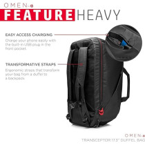 OMEN Transceptor DuffleBag Backpack With USB Port Charger, 17.3 Inch, Laptop Sleeve, Water-Resistant, Shoe Stash, RFID-Blocking, Luggage Sleeve (7MT82AA)