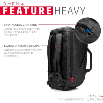 HP OMEN Transceptor Water Resistant Duffel Bag For 17.3 Inch, Laptops With RFID Pocket And Built-in USB Plug For Charging