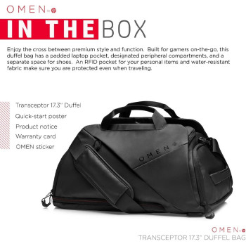 HP OMEN Transceptor Water Resistant Duffel Bag For 17.3 Inch, Laptops With RFID Pocket And Built-in USB Plug For Charging