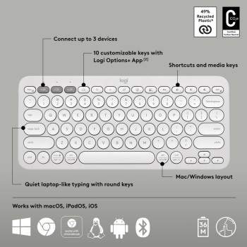 Logitech Pebble Keys 2 K380s, Multi-Device Bluetooth Wireless Keyboard With Customizable Shortcuts, Slim And Portable, Easy-Switch For Windows, macOS, iPadOS, Android, Chrome OS, US Intl Layout, White