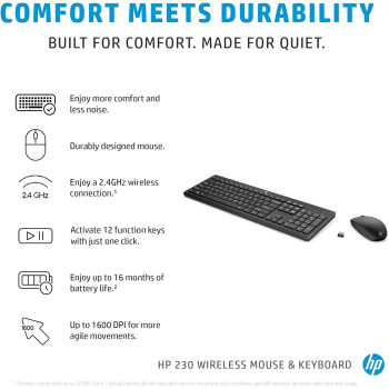 HP 230 Wireless Black Keyboard And Mouse Combo 1600 DPI, 18H24AA, Black