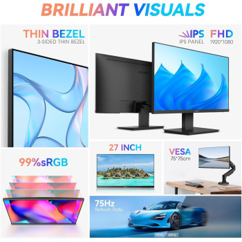KOORUI 27 Inch, FHD Monitor, Computer Monitors Full HD(1920 x 1080p) IPS Display 75Hz, HDMI, VGA, 5ms Response Time, 75 x 75 mm VESA Mountable, Frameless