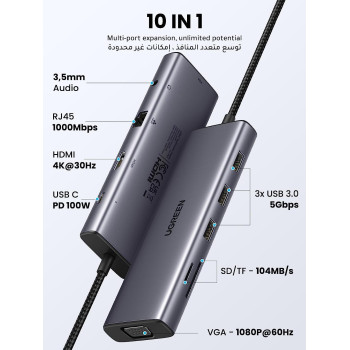 Ugreen 10 in 1 USB C Hub 4K HDMI And FHD VGA Dual Video Output Type C Hub, PD 100W, Gigabit Ethernet, 3 USB 3.0 Ports, USB C to 3.5mm, SD/TF Slot Multiport Adapter For MacBook Pro/Air 2023, HP