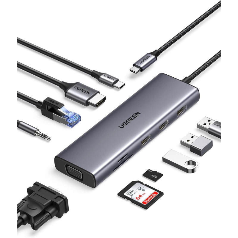 Ugreen 10 in 1 USB C Hub 4K HDMI And FHD VGA Dual Video Output Type C Hub, PD 100W, Gigabit Ethernet, 3 USB 3.0 Ports, USB C to 3.5mm, SD/TF Slot Multiport Adapter For MacBook Pro/Air 2023, HP
