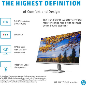 HP M27f Ultraslim Monitor 27 Inch, Full HD 1080p, 75hz Refresh Rate 2 x HDMI, 1 x VGA Blue Light Filter, Anti Glare, Tilt Adjutsment, Flicker Free, 178 Degree Ultra Wide Viewing Angle, Silver/Black