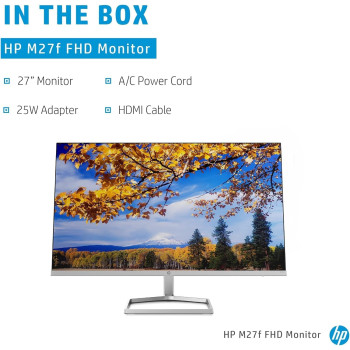 HP M27f Ultraslim Monitor 27 Inch, Full HD 1080p, 75hz Refresh Rate 2 x HDMI, 1 x VGA Blue Light Filter, Anti Glare, Tilt Adjutsment, Flicker Free, 178 Degree Ultra Wide Viewing Angle, Silver/Black