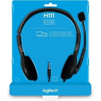 Logitech H111 Wired Headset, Stereo Headphones With Noise-Cancelling Microphone, 3.5 mm Audio Jack, PC/Mac/Laptop/Smartphone/Tablet, Black