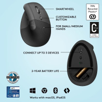 Logitech Lift Vertical Ergonomic Mouse, Wireless, Bluetooth or Logi Bolt USB Receiver, Quiet clicks, 4 Buttons, Compatible With Windows/macOS/iPadOS, Laptop, PC, Graphite