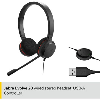 Jabra Evolve 20 MS Stereo Headset, Microsoft Certified Headphones For VoIP Softphone mit Passivem Noise-Cancelling, USB-Kabel mit Anrufsteuerung