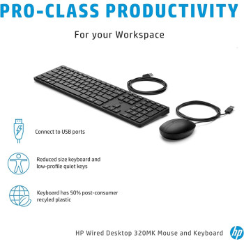 HP 320MK Wired Desktop Mouse and Keyboard Combo, 9SR36AA, Black