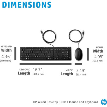 HP 320MK Wired Desktop Mouse and Keyboard Combo, 9SR36AA, Black