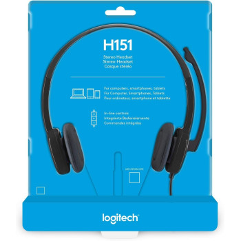 Logitech H151 Wired Headset, Stereo Headphones with Rotating Noise Cancelling Microphone, 3.5 mm Audio Jack, In Line Controls, PC/Mac/Laptop/Tablet/Smartphone Black, 981-000587, S,M,L