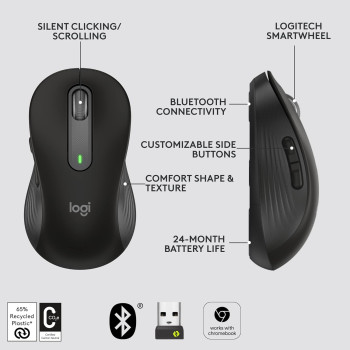 Logitech Signature M650 L Full Size Wireless Mouse For Large Sized Hands, Smart Wheel Scrolling, Bluetooth, Silent Clicks, Customizable Side Buttons, Contoured Shape, Black